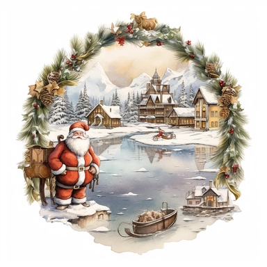 vintage design, advent wreath around oil paining Cute santa claus carries a thick filled sack on his back Clipart Collection in beautiful winter landscape with a lot of snow and a small lake and a small town with church, , christmas theme, advent wreath around, christmas theme, detailed, isolated, white background, one pattern
