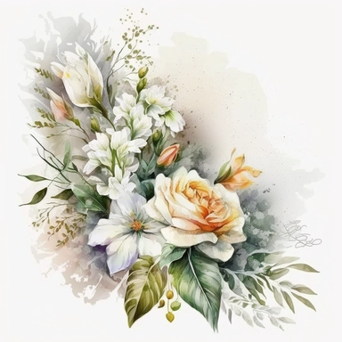 clipart aquarelle, detailed ans realistic, white background. beautiful flower tribute in white color, white theme, Bouquet for funeral, loss, sorry, with additions like sash ribbon