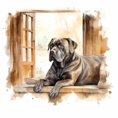Cane Corso lounging in a cozy corner of a rustic home, reflecting its calm and relaxed demeanor, white background, watercolor clipart.