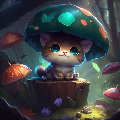 Enchanting, high-quality splash art of an adorable( baby kitty:1.1) up close sitting under (toadstool:1.1) (mushroom:1.1) shaped like an umbrella in an (enchanted forest:1.1) in the (rain:1.1) dark shadows, deep contrast, (bioluminescence:1.1), magical, mystical, intricately detailed scene, (soft pastel colors:1.1) with a touch of (bright colors:1.1), wet muddy ground, puddles, fantasy-inspired art,masterpiece, award winning, digital artwork, Clip Studio Paint, rich colors, painterly texture, tr