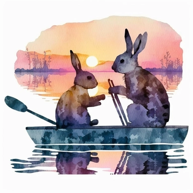 clipart design of watercolor two bunnies go fishing a boat during sunset, contrasting to the white background