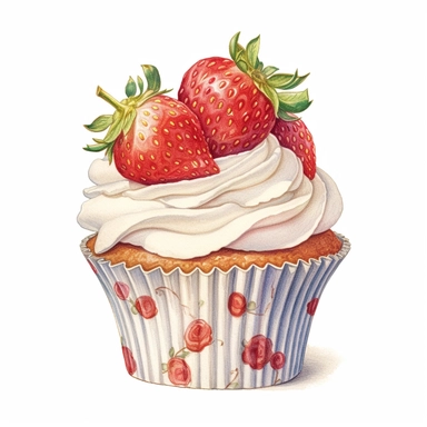 vintage style strawberry cupcake clipart, strawberry cupcake with whipped cream on top, strawberries, vibrant colors, 1960, vintage, watercolor, realistic drawing in storybook illustration, pencil drawing by Angela Barrett, Elsa Beskow, ultrafine detailed, highly detailed, high resolution, 8K, white background