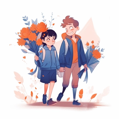girl and boy with bouquet of flowers together go to school illustration, children storybook illustration. 2d, vibrant luminous colors, flat style, ink Lines, clipart, white empty background, sharp, high resolution, blue orange warm