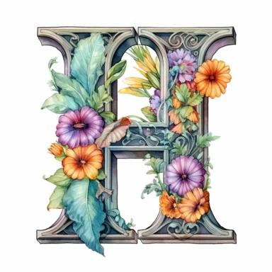 Beautiful Pastel Vintage Flower Alphabet Letter  H  Watercolor and ink Clipart, Cartoon, hyper-realistic, high contrast, intricate detail, illustration style, high solution on the white background