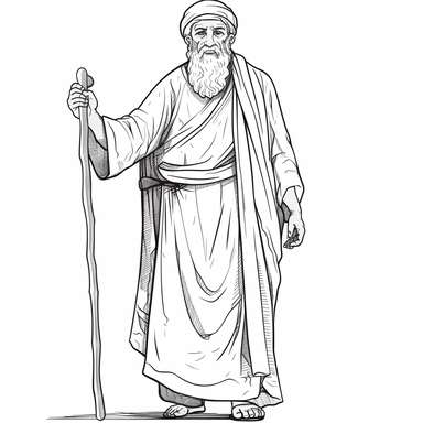 ancient elderly middle eastern man with a tall staff, b&w lineart, minimalist style, white background, full body, picture, coloring book style on white background, well composed, clean coloring book page, No dither, no gradient, strong outline, No fill, No solids, vector illustration, clipart, simple, cartoon –ar 9:11 –v 5