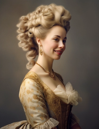 hasselblad 24 mm three quarters shot of a gorgeous realistic Queen Charlotte , clipart, Composition: Relaxed position with intricate high hairstyle, smiling, detailed natural skin, Style: Georgian Colonial, white background, hyperrealism, 32k