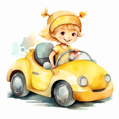 Cute little fairy girl driving a sport car yellow watercolor Clipart