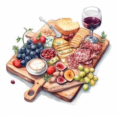 watercolor, hyper realistic, white background, white margins, 16k, ultra detailed clipart, cut out image, hand-drawn, whimsical a charcuterie board with sliced meats, cheese, grapes, and crackers arranged on a wooden board, with a glass of red wine in the background