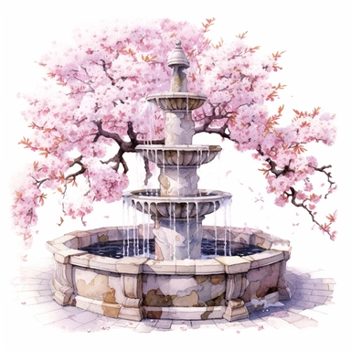 realistic high detailed watercolor provence fountain with sakura clipart, white background