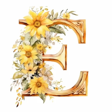 watercolor, Clipart, Golden Monogram, Capital Letter [E] decorated with white flowers, yellow tone