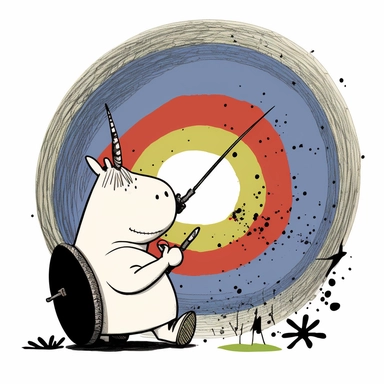 Moomin shooting at a target with an arrow , CLIPART, watercolor, ink, vector, ultra-detailed, cartoon style, white background, black outside line