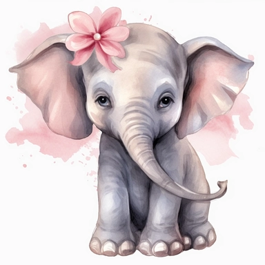a baby female grey African elephant with a pink bow on head, stood sideways to the camera looking right, watercolour painting transparent background png clipart