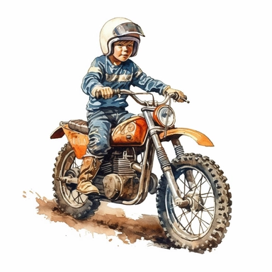 Vintage kids Dirt Bike with a kid riding it on dirt with helmet ,Watercolor,Clipart,Isolated, White background