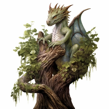 dragon of the forest, full body on a tree, design by twilight designs, in the style of david nordahl, jean-baptiste monge, farel dalrymple, fantastical street, high resolution, imaginative characters, clipart, blank white background