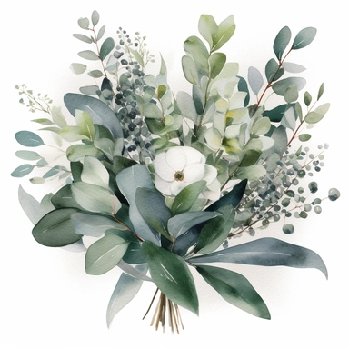 watercolor greenery eucalyptus bouquet clipart, white background, HD