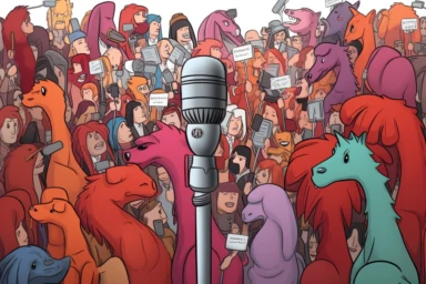a microphone clip art, in the style of panoramic scale, olivier ledroit, precise and lifelike, do ho suh, contest winner, social and political commentary, lauren faust, 32k