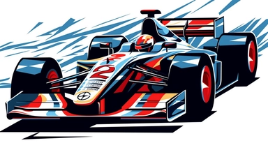 Contemporary vector clipart featuring a stylized indy car, represented by bold lines and abstract shapes, highlighting the car's distinctive design and speed, suitable for use in logos, icons, or racing-related infographics, on a clean white background
