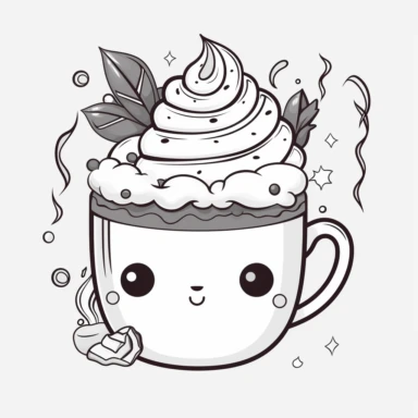 kawaii icon hot chocolate with whip cream and cookie and cherry clipart coloring page black line white background