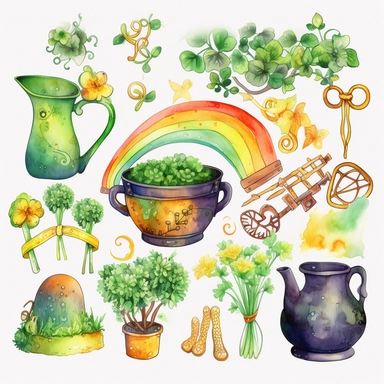 a set of St. Patrick's Day clipart, featuring elements leprechaun hats, shamrocks, pots of gold, rainbows, horseshoes, and Celtic knots, watercolor clipart on white background, high resolution, outline, clip art