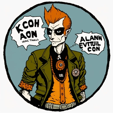 fox teacher, Basil Wolverton, Dungeons & Dragons, handpainted punk zine fashion poster, clipart illustration, circle white background, circle border