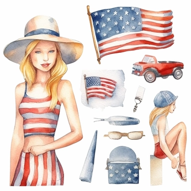 4th of July, watercolor clip art AR 3:2