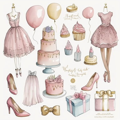 Please create a series of whimsical fashion illustrations featuring different items related to birthdays and birthday parties in shades of pink, blue, and gold. Each illustration should be drawn in a charming and playful style that captures the fun and excitement of birthday celebrations. Items to include can be balloons, cakes, gifts, party hats, and decorations. Please use a combination of watercolor and pencil drawings to create a unique and artistic look. The color palette should be dominate