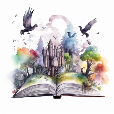 Watercolor Fantasy open Books Clipart with fantasy castlle, birds, trees, forest, clouds, very detalied, forest mistic look, magic colorful admosfere, gotic dark colorful admosphere, hight quality white background
