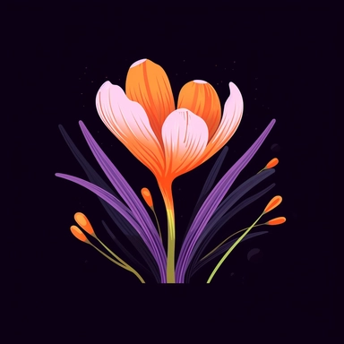 A cartoon of a single Crocus plant, vibrant colors, dark background, modern minimalist clipart