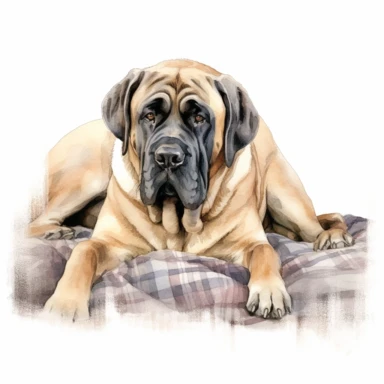 A serene and peaceful portrayal of an English Mastiff lying down in a cozy corner of a home, emphasizing its calm and gentle temperament, with soft lighting and cozy elements like blankets or pillows, with a white background and watercolor clipart.
