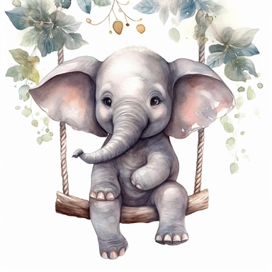 Clipart, Full Body Watercolour Cute baby Elephant, baby elephant swinging in the tree, cute face, highly detailed, 8K white background — 4: 5