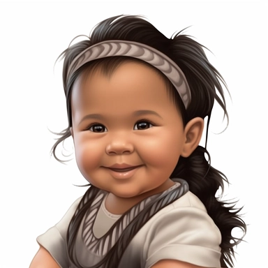 Adorable, cute, native american, long black hair, baby girl, happy, smiling, wearing a satin ribbon in her hair, extreme focus, professional artists rendition, no text, no logo, no name, no letters, Highly Detailed, clip art, white background, smooth edges, flawless Facial Features,
