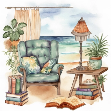 Beach Reading Nook clipart, Coastal Reading Corner, Beach Boho, watercolour style
