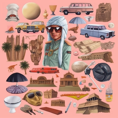 a set of clipart inspired by Wes Anderson and Raiders of the Lost Ark and travel and colonialism and stolen cultural relics and 1980s action figures