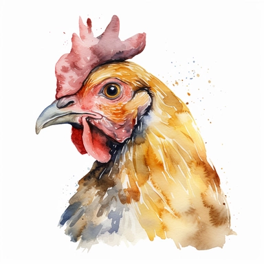 Highly detailed and realistic chicken head Watercolor Clipart, transparent background, watercolor and black ink, on white background, NO TEXT,NO WATERMARKS