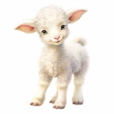 Cute - french style baby lamb smiling clipart, miniature lamb, vibrant color palette, in the style of realistic children storybook watercolors, childlike innocence and charm, adorable eyes, rosy cheeks, shy posture, feminine sensibilities, realistic drawing in children storybook illustration, pencil drawing by Angela Barrett, children stroybook impressions by Elsa Beskow, brushstrokes by Willem Haenraets, 300 DPI, valentines day themed, white background