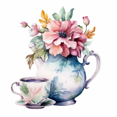 vintage floral tea cup and pot watercolor clipart, white background
