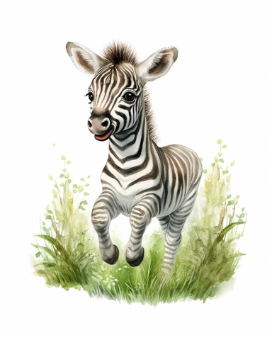 detailed watercolor Baby Zebra jumping on grass , hyper realistic, isolated on a white background, clipart