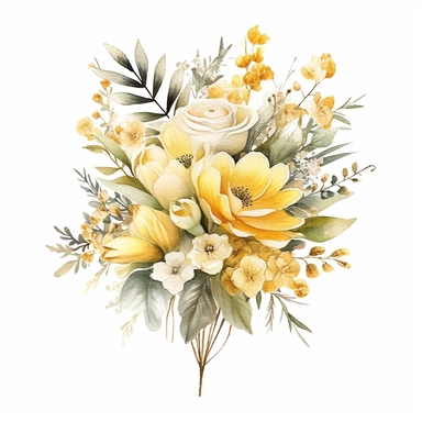 one watercolor wedding bouquet clipart on a white background, in the style of light yellow and white, intricate floral arrangements, white and bronze, intricate embellishments, sterling silver highlights, bold traditional, blurry details , no watermark, text, 300 DPI , typography, shapes do not stick together, no text in the picture, on a white background