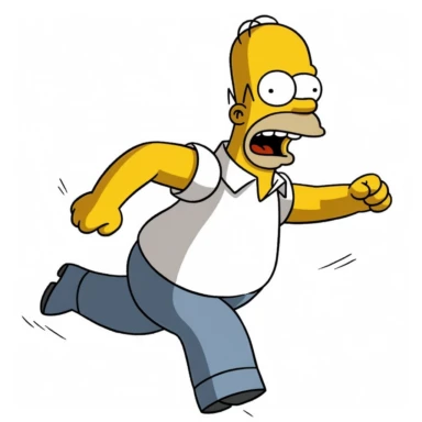 ink drawing of homer simpson struggling to run, clipart, white background, clean and streamlined, simplified
