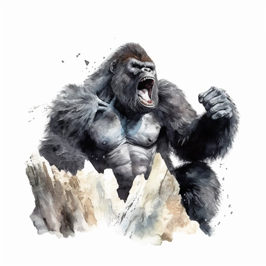 realistic watercolor gorilla smash rock on solid white background, clipart