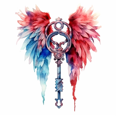 fantasy unique key with wings watercolor clipart, red and blue, make behind the key creative, white background