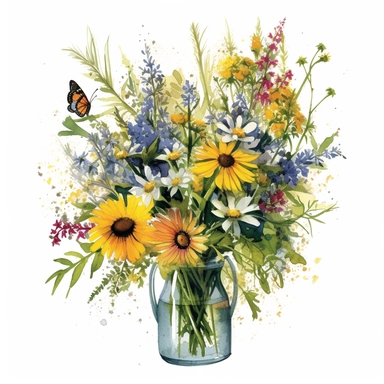 Water colour style, Meadow-Inspired bouquet , large Create a meadow-inspired arrangement by combining native UK and American flowers that bloom in meadows, Mix cowslips, cornflowers, and red campions from the UK with black-eyed Susans, goldenrods, and butterfly weeds from America, watercolour flower arrangement, clipart, vector, intermingled with greenery, white background, no captions, no vase, flower bed setting, ar 2:2