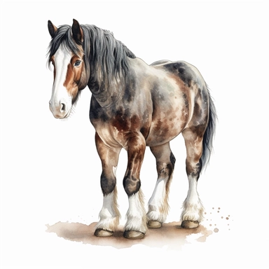 shire horse horse. foal watercolour painting realistic yet stylized, digitally enhanced, clipart, 32k uhd, detailed crosshatching white background