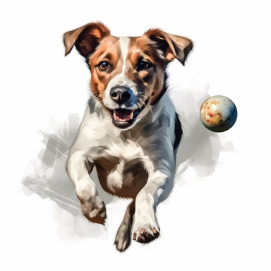 create clipart featuring ultra realistic and playful dog, oil paint on white background engaged in various activities, such as playing, sleeping, eating, jumping