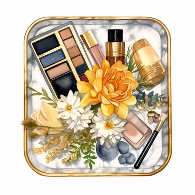 watercolor ultra realistic and hyper detailed illustration of a square luxury gold and marble tray with makeup, floral, clipart, white background