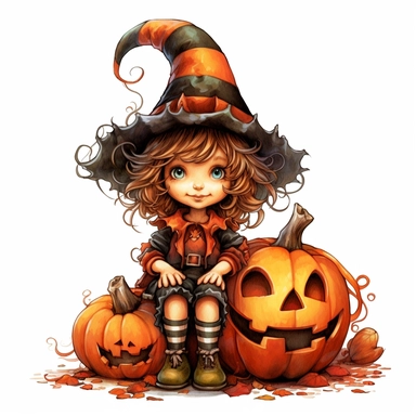 a little cute girl in a five-year-old witch's hat, pumpkin, web, spider, red, brown, style by Lusy Fleming, folk art, watercolor, clipart elements, smooth gradients, black contour outline, ultra detailed, white background, super clear, high quality