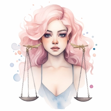 Cute zodiac sign Libra, portrait scales as earings, pastel colors, white background, fashion illustration, watercolor splash, clipart, by Jack Hughes