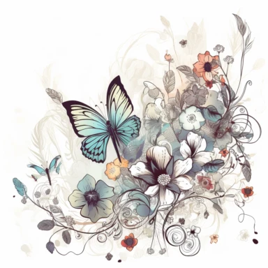 clipart, butterfly and flowers around it, solid white background, in the style of ethereal illustrations, mende art, kimoicore, romantic emotivity, nouveau réalisme, rich and immersive, soft color, wedding theme