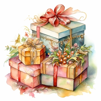 insanely beautiful pile of 3 gift packages , in the style of beatrice potter, jody bergsmay32k uhd, hand-painted details, pastoral illustrations, amazing colour combinations , aquarellist, hd , white background clipart ,-- no watermark--ar 27:37