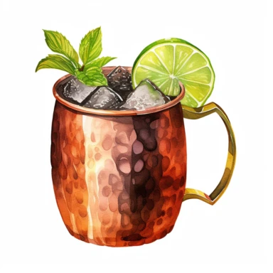 a Moscow Mule cocktail, strong colors, border, 8K, dark watercolor, ultra details, isolated white background, clipart, hand drawn, hand drawn art, in the style of ultra-detailed oil painting pontilism hand drawn collections, pontillism brush, scumbling, HD oil painting collections,